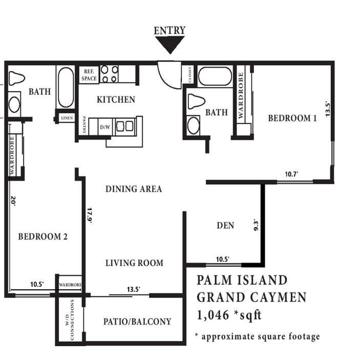 Floor plan for 2 beds, 2 baths, 1046 sqft